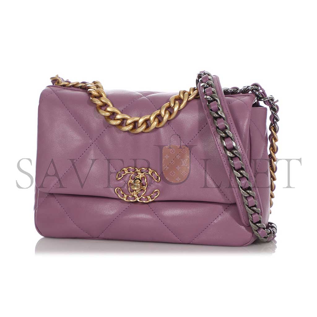 CHANEL PURPLE QUILTED CHÈVRE MEDIUM 19 BAG GOLD, RUTHENIUM, AND SILVER HARDWARE AS1160 (26*16*9cm)