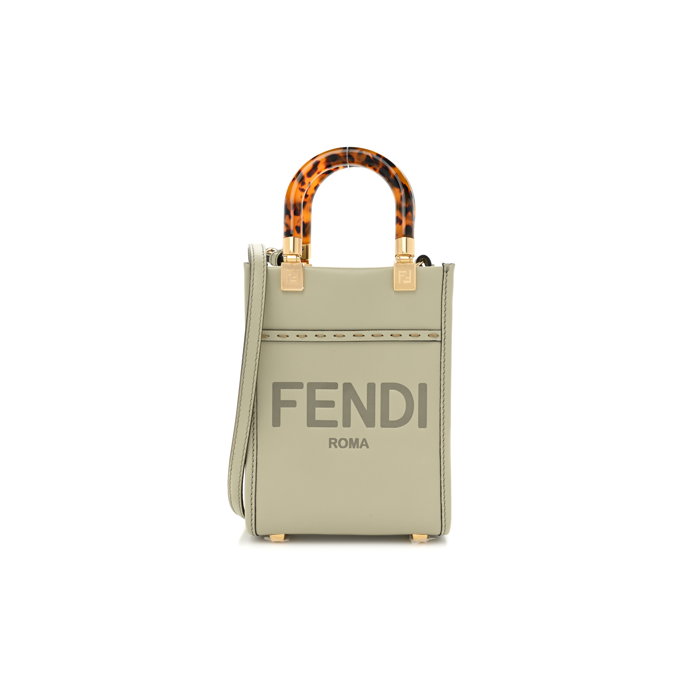 FENDI VITELLO KING PLEXIGLASS LOGO EMBOSSED MINI FENDI SUNSHINE SHOPPER TOTE GREEN TEA (17*13*6cm)