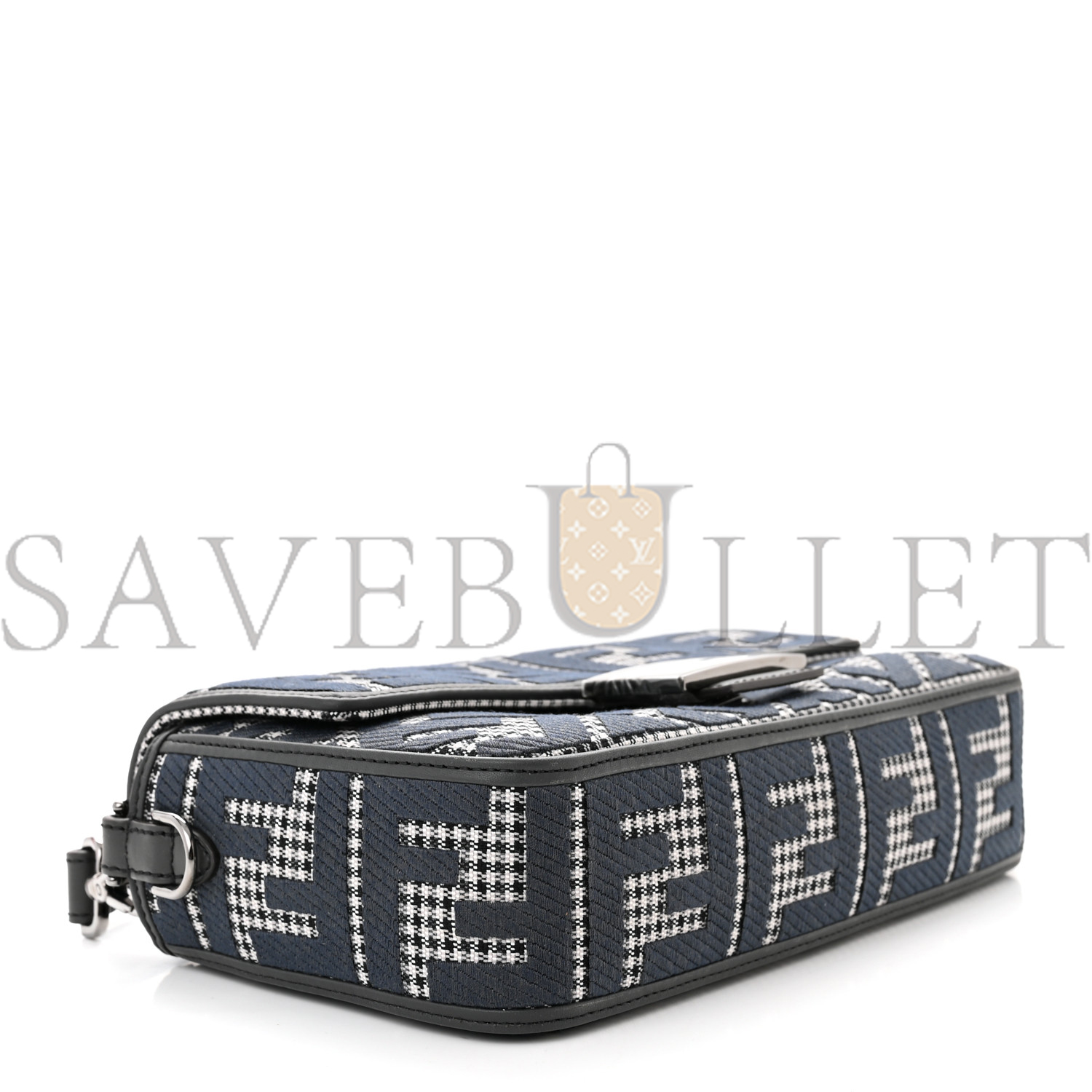 FENDI WOOL VITELLO KING HOUNDSTOOTH FF EMBROIDERED BAGUETTE GRIGIO ANTHRACITE (27*17*6cm)