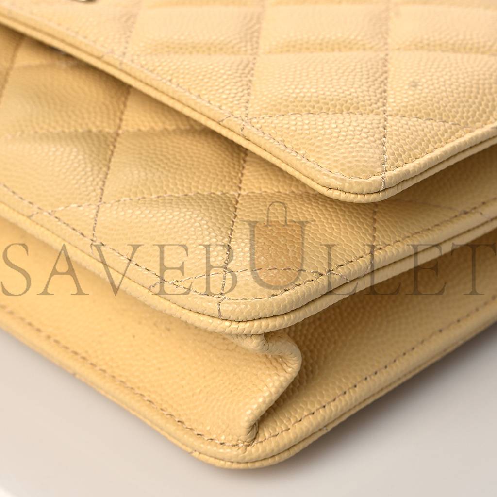 CHANEL CAVIAR QUILTED WALLET ON CHAIN WOC LIGHT YELLOW ROSE GOLD HARDWARE (19*12*3cm)