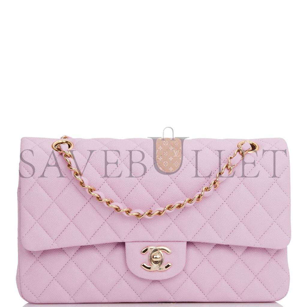 CHANEL MEDIUM CLASSIC DOUBLE FLAP BAG ROSE CLAIR CAVIAR LIGHT GOLD HARDWARE (25*15*7cm)