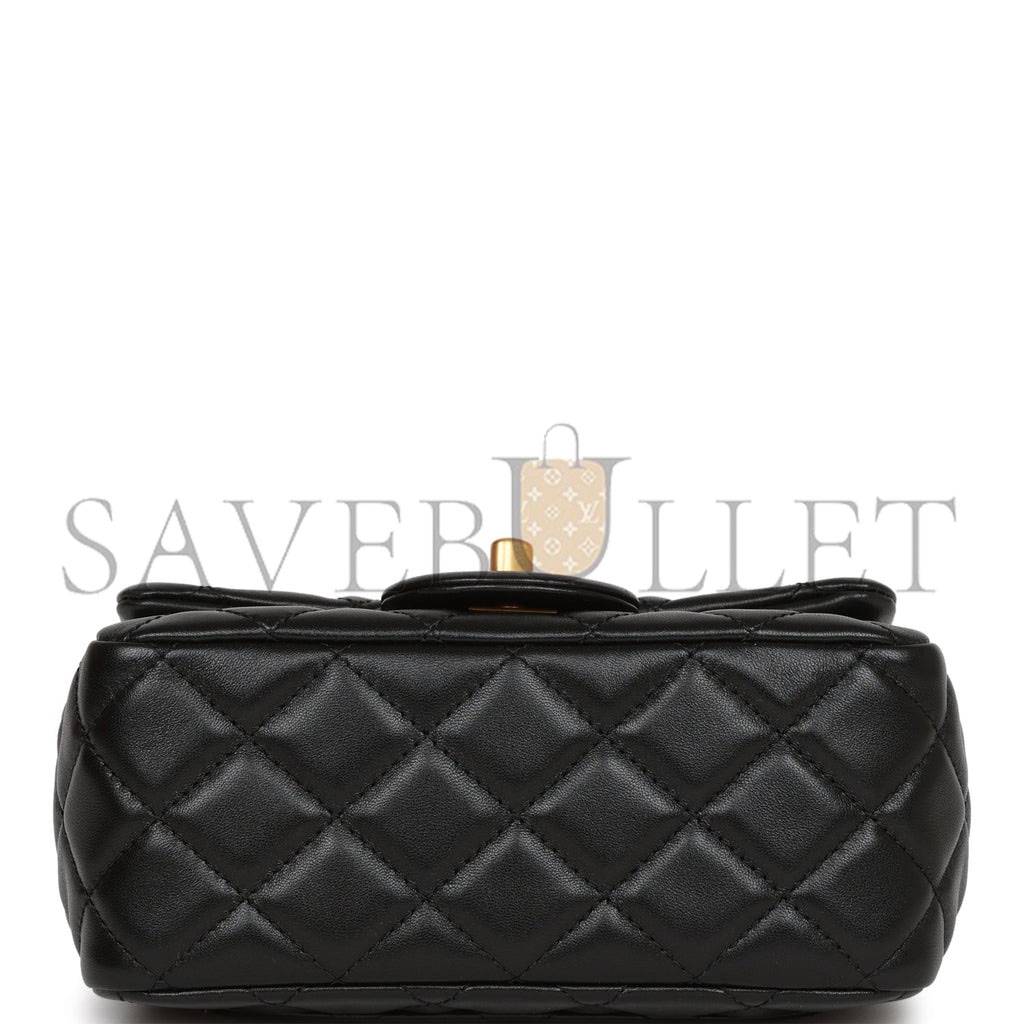 CHANEL PEARL CRUSH MINI SQUARE FLAP BAG BLACK LAMBSKIN ANTIQUE GOLD HARDWARE (17*14*8cm)