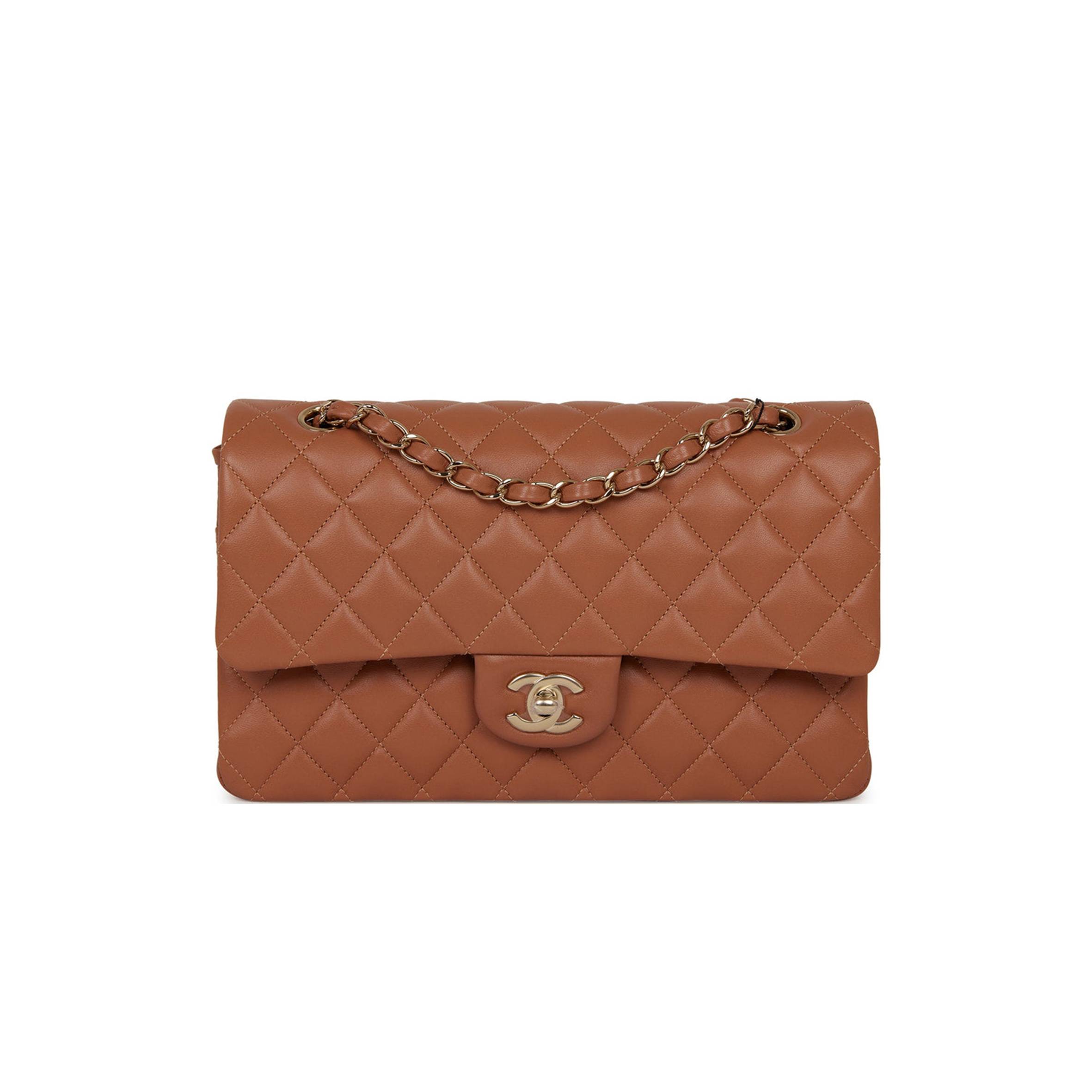 CHANEL MEDIUM CLASSIC DOUBLE FLAP BAG CARAMEL LAMBSKIN LIGHT GOLD HARDWARE (25*15*7cm)