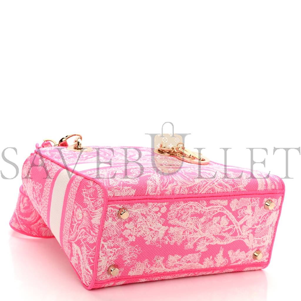 DIOR CANVAS TOILE DE JOUY REVERSE EMBROIDERED MEDIUM LADY D-LITE FLUORESCENT PINK (24*20*11cm)