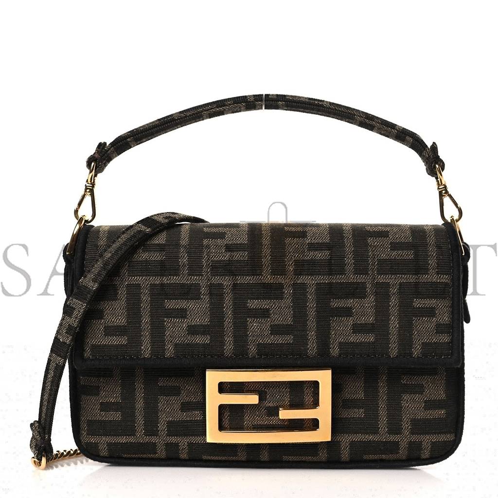 FENDI FABRIC JACQUARD FF 1974 MINI BAGUETTE TOBACCO MORO BLACK (18*12*4cm)