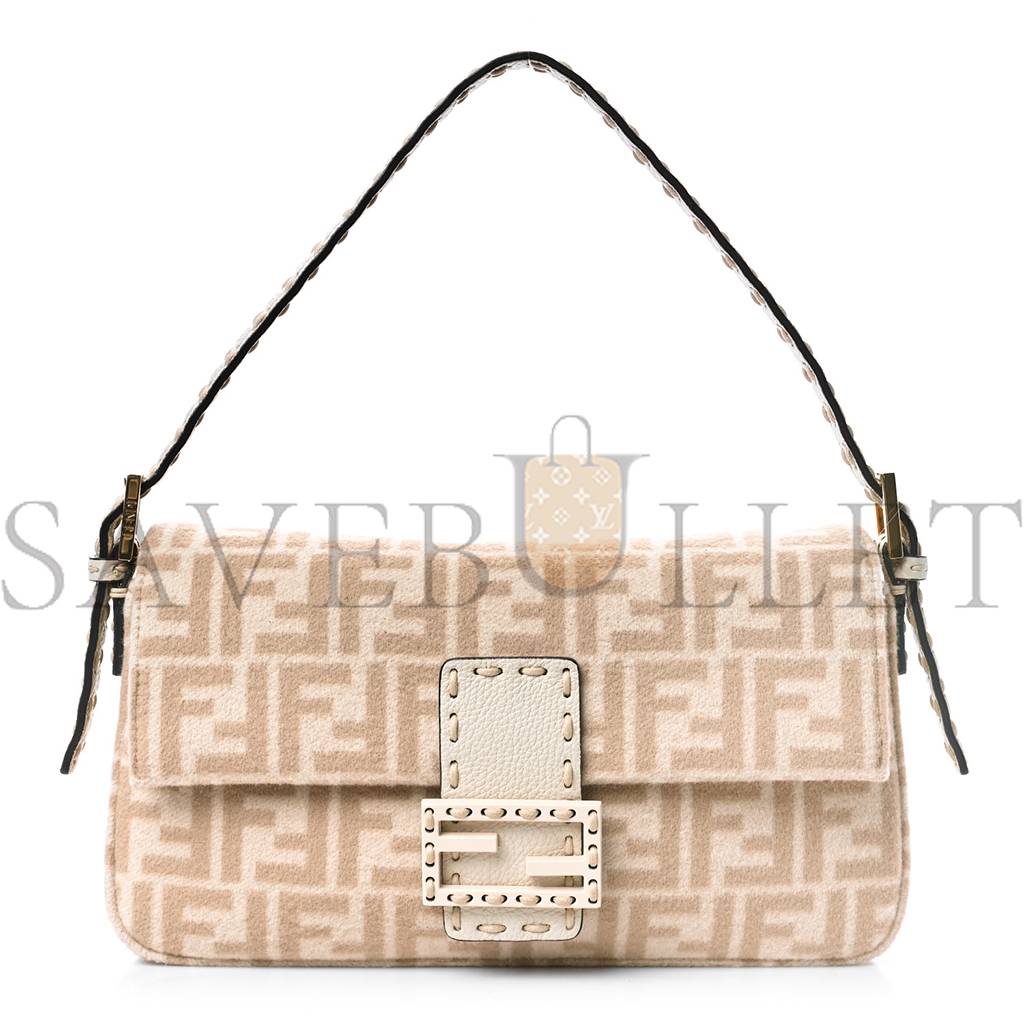 FENDI WOOL CUOIO ROMANO SELLERIA FF 1974 BAGUETTE 1997 BEIGE CAMMELLO CAMELIA (27*15*4cm)