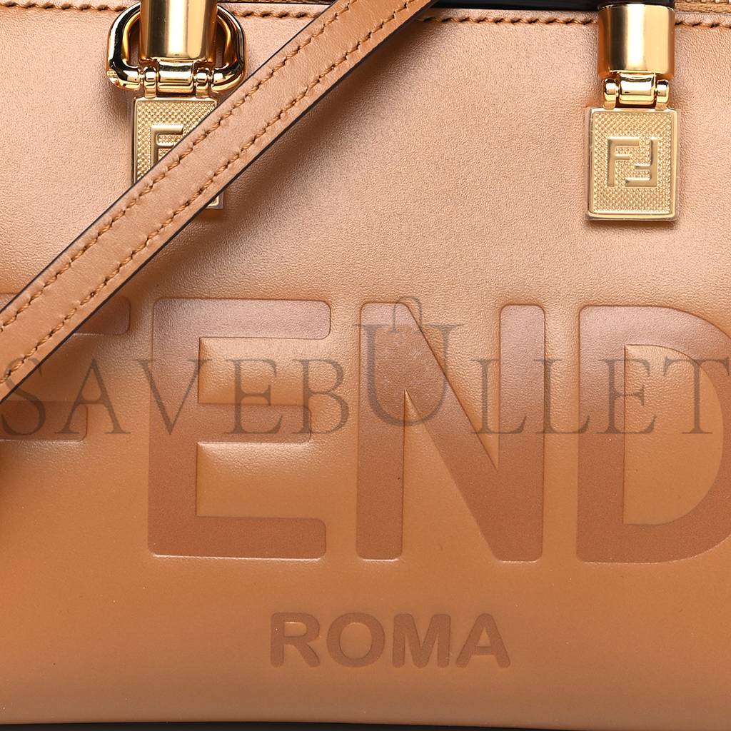 FENDI VITELLO KING PLEXIGLASS LOGO EMBOSSED MINI BY THE WAY TOP HANDLE BOSTON BAG CARAMELLO (18*11*8cm)